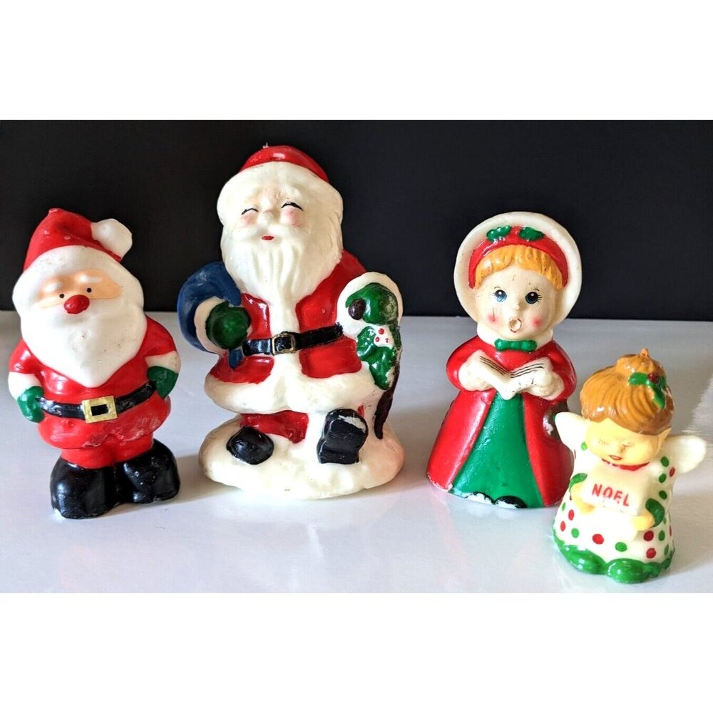 Christmas Candles Lot Of 4 Santas Carol Singer Angel Wax Unlit Vintage 1960